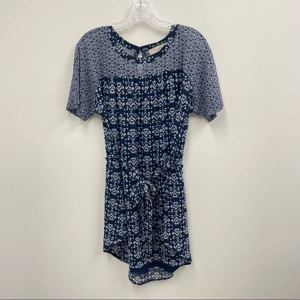 🔴LOFT Blue Printed Short Sleeve Belted Chiffon Crew Neck Summer Mini Dress SP - Picture 3 of 9